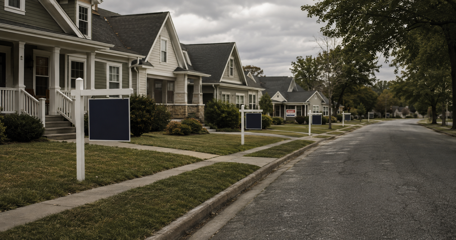 A quiet American neighborhood with many homes listed for sale