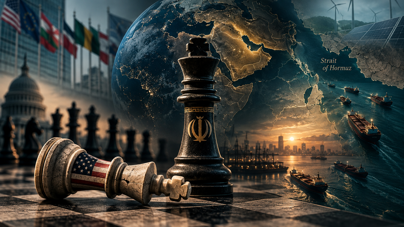 Symbolic geopolitical chessboard, global trade, and the Strait of Hormuz